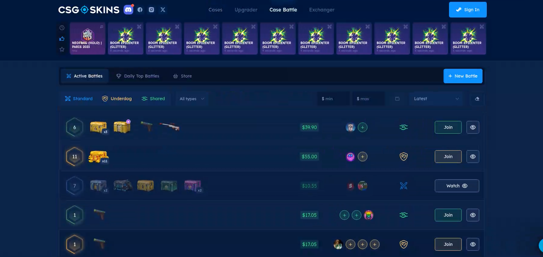 CSGO-Skins case battles lobby showing active private battles