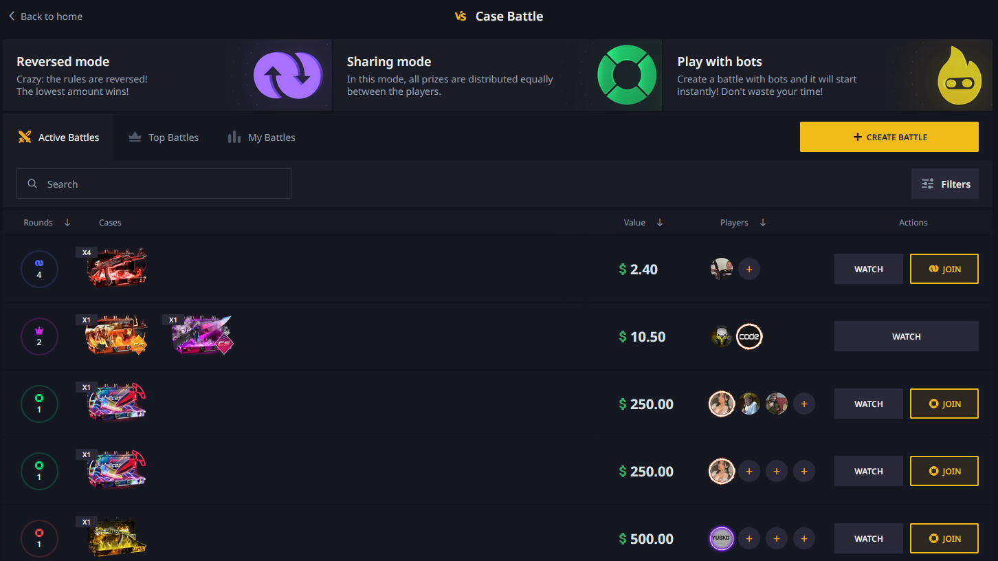 Hellcase case battles section showing available battles