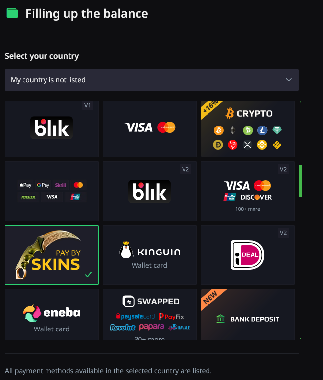 Hellcase deposit screen showing payment methods including Pay by Skins