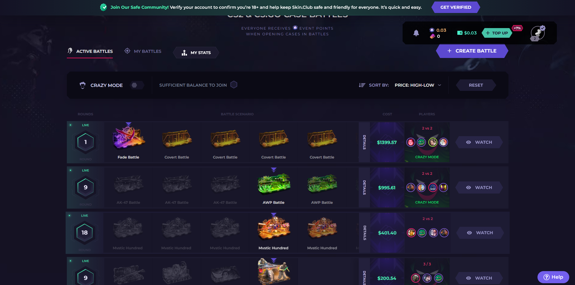 skin.club case battles lobby showing active battles list