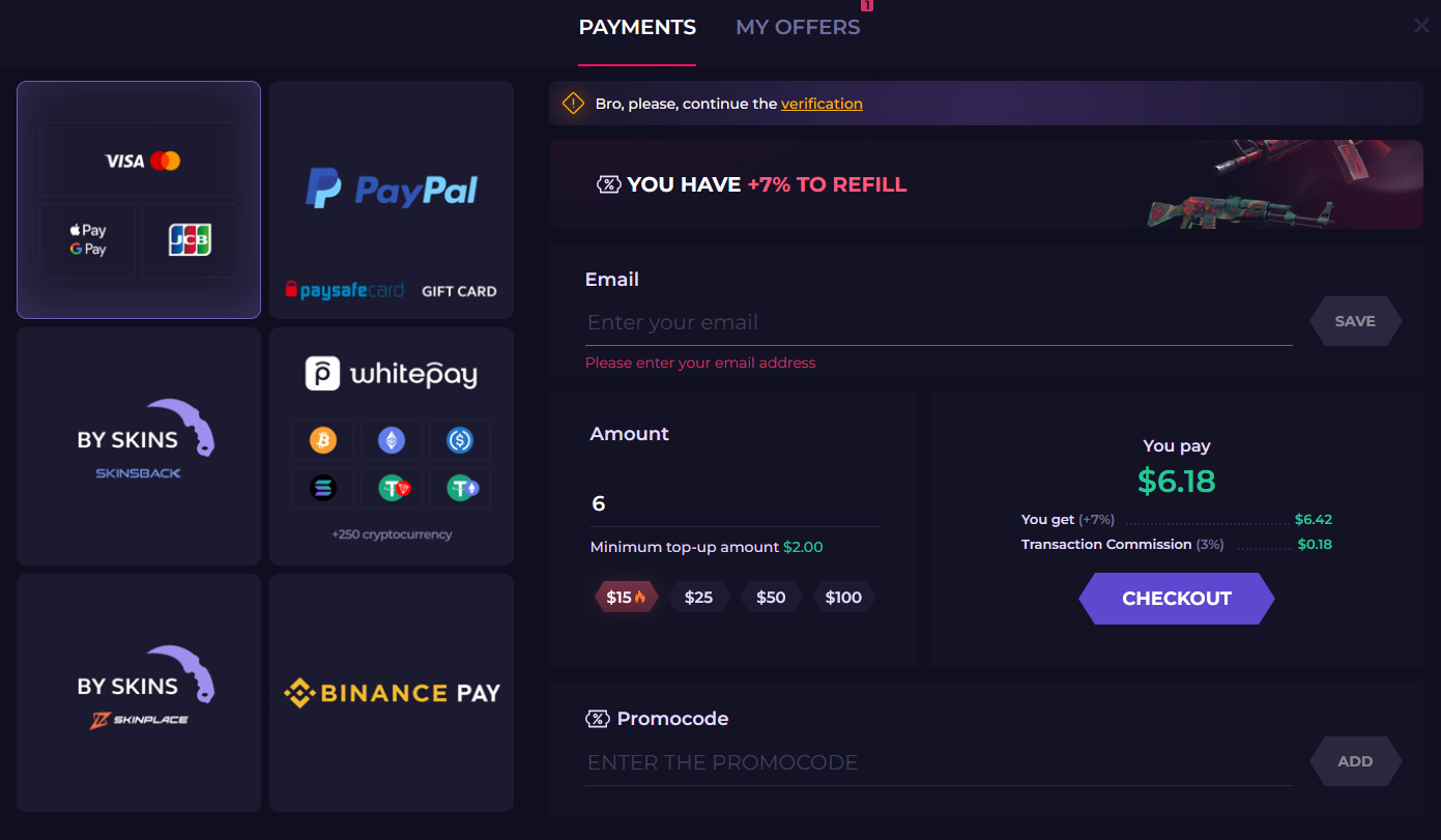 skin.club deposit/top-up screen showing payment options including Pay by Skins