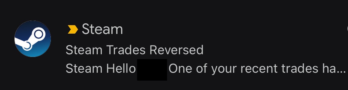 Steam notification confirming a trade has been reversed